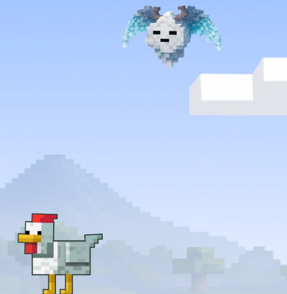 Cenário pixelado do Mine Slot: uma galinha e uma criatura voadora sobre montanhas ao fundo, em estilo de blocos.