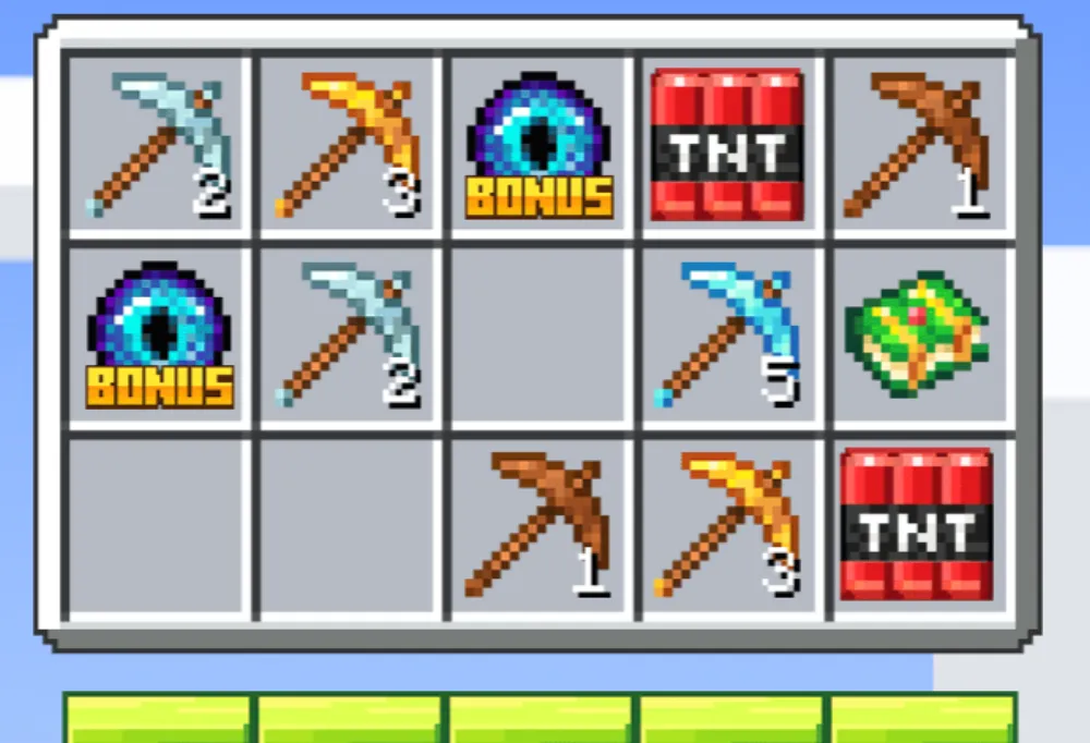 Inventário do Mine Slot: picaretas de vários metais, blocos de bónus com um olho azul, bancas de TNT e um bloco de esmeralda.