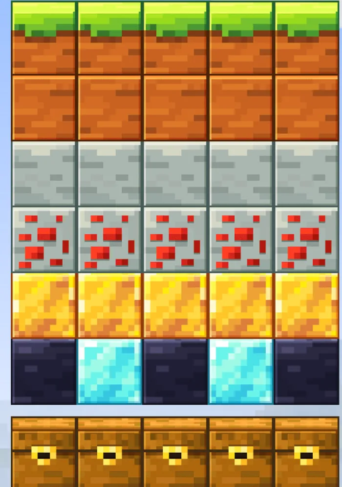 Coluna da mina no Mine Slot: camadas de relva, terra, pedra, minério vermelho, ouro e diamante, com baús de madeira em baixo.