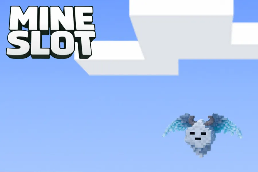 Céu azul pixelado do Mine Slot com nuvens em blocos e uma criatura de gelo a voar, junto ao letreiro do jogo.